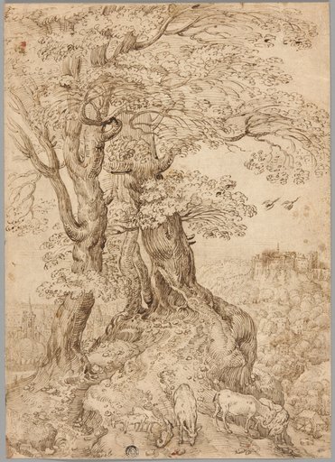 Wooded Landscape with Donkeys and Goats, and Castle on Hill in Distance