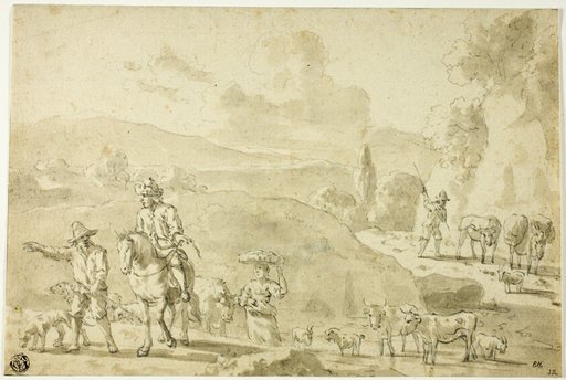 Cows, Sheep, Goats Being Herded, Herdsman Giving Directions to Traveler on Horseback