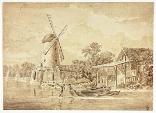 Two Figures with Docked Boats near Windmill