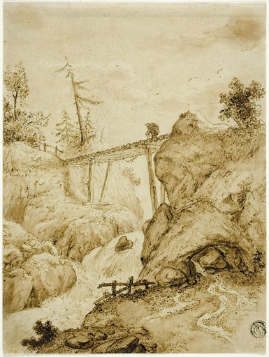 Man Crossing Log Bridge over Torrent