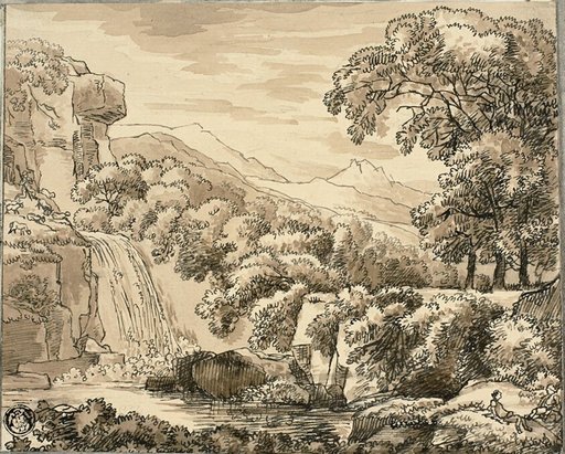Mountain Landscape with Waterfall and Figures