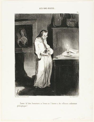 A humanist woman of letters abandoning herself to the cerebral philosophic reflections on the subject of man!, plate 15 from Les Bas-Bleus