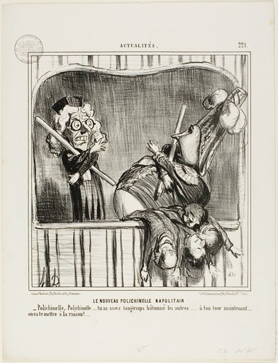 The New Neapolitan Buffoon. “- Polichinelle, Polichinelle, you have cudgelled the others long enough... now it's your turn. We will bring you to reason...,” plate 221 from Actualités