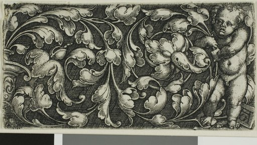 A Double Scroll of Leaf Ornament with a Putto Standing at the Right