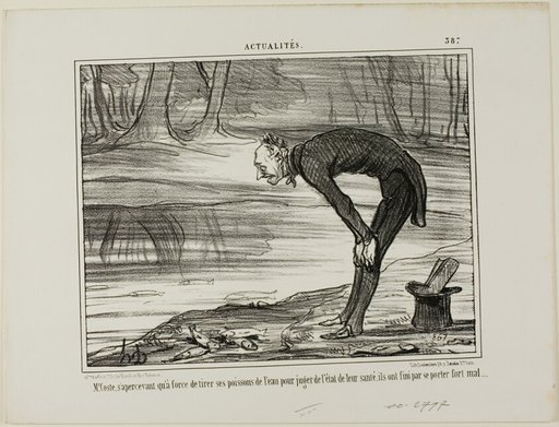 Mr. Coste noticing that the fish he took out of the water in order to analyse their state of health, end up feeling not well at all, plate 387 from Actualités