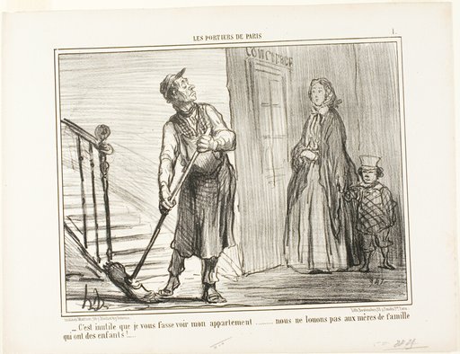 “- It's useless to show you my apartment. We are not renting out to mothers with children,” plate 1 from Les Portiers De Paris