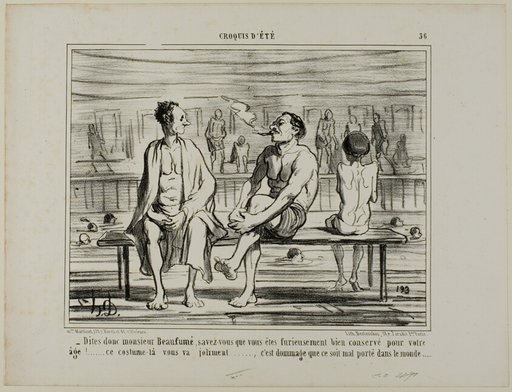 “You know, Monsieur Beaufumé, actually you have kept damned well considering your age. This costume suits you perfectly.... just too bad that it does not look good on everybody,” plate 36 from Croquis D'été