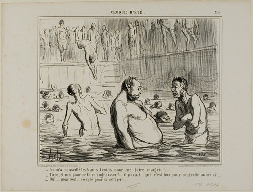 “- I was told to go to the cold batha to lose weight. - You don't say, I was just told the opposite. - Maybe they are good for everything this year! - True for everything, except cleanliness," plate 39 from Croquis D'été