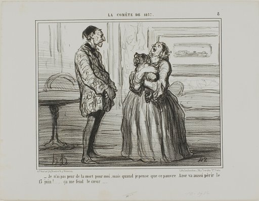 “- I am not afraid for me, but if I think of poor Azor who will perish on the 13th of June... it simply breaks my heart,” plate 8 from La Cométe De 1857