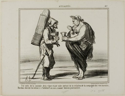 As a consequence of the wine disease but also because of the foundation of the "Society for the Production of Artificial Wine", even Bacchus decides to switch to coconut water as a daily drink, plate 407 from Actualités