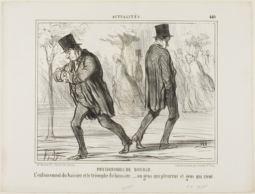 Physiognomy of the Stock Exchange. The despair of the baissier and the triumph of the haussier - or crying and laughing, plate 440 from Actualités
