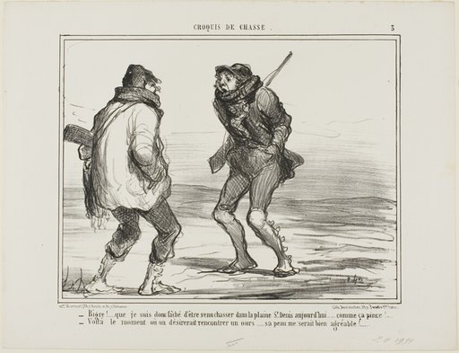 “- Brrrr! I am furious that I came here to hunt in the St. Denis-Plain. It's just too cold!… - One of those days when you would love to catch a bear. His fur would be more than welcome right now!,” plate 3 from Croquis De Chasse