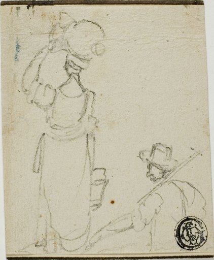 Man with Pole Following Woman with Jug on Head