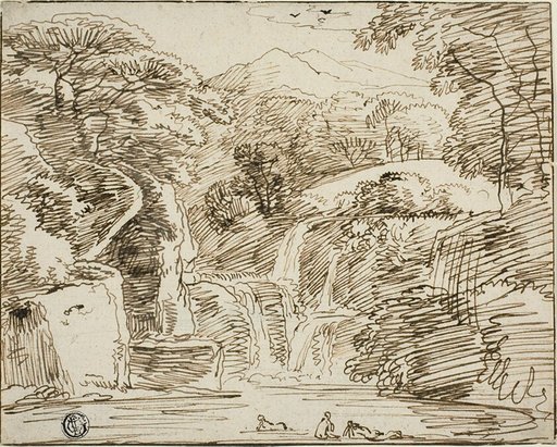 Nymphs Bathing near Waterfalls in Mountain Landscape