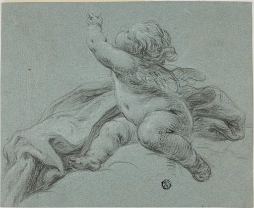 Putto Seated Beside Drapery, Reaching Upwards
