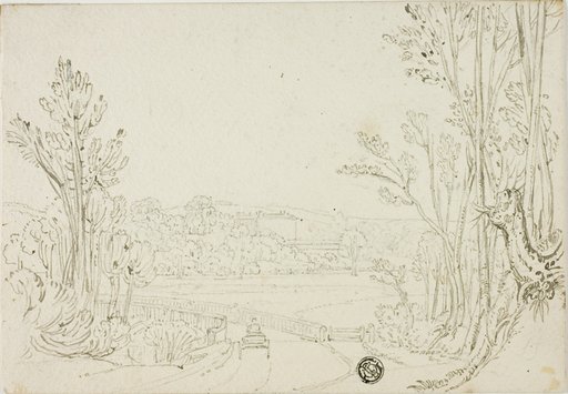Cart Heading over Bridge Between Trees; Villa in Distance