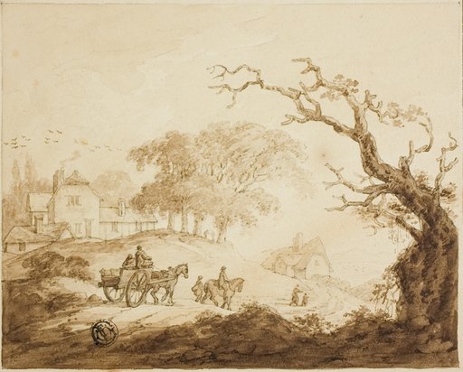 Travelers with Horses and Cart on a Road Past Houses