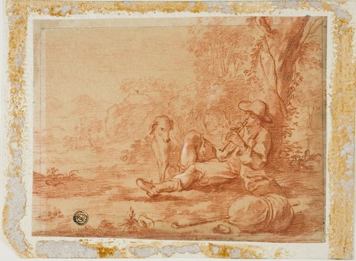 Seated Shepherd Playing the Pipe Under a Tree