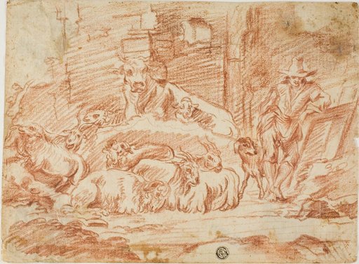 Stable Interior: Herder Resting with Sheep, Cow, Goats and Dog