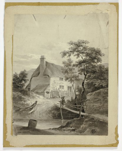 Boy on Bridge Outside a Cottage