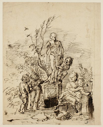 Children Playing near Statue in Garden