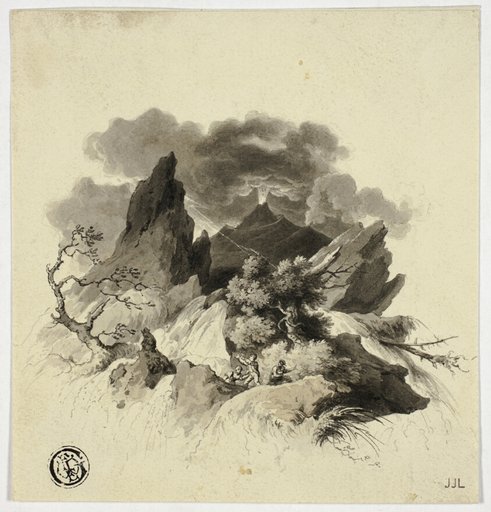 Violent Storm in Mountains with Erupting Volcano in Distance