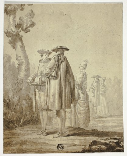 Three Musicians and Two Ladies in Outdoor Setting