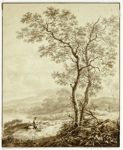 Winding Road Beside Lake, with Large Tree and Resting Traveler in Foreground