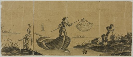 Chinoiserie with Man Fishing from Boat, Woman and Child Standing on Shore