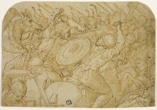 Cavalry Skirmish (recto); Architectural Sketch (verso)