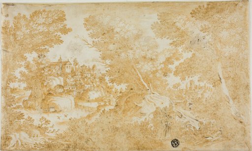 Men and Women Resting in Wooded Landscape with River, Villas, Church