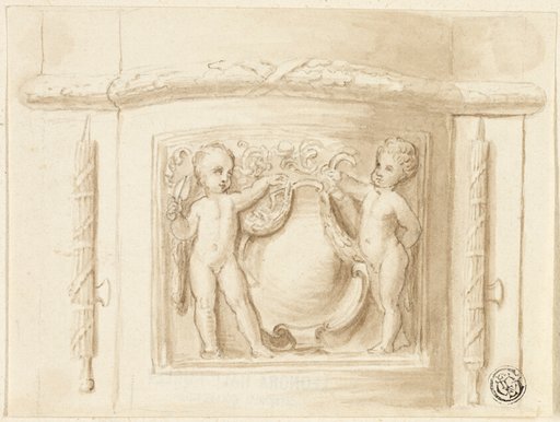 Base of Pilaster with Relief, with 2 Putti, Shield