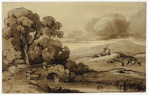 Landscape with Stone Bridge in Foreground and Cows on Hillside