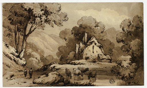 Wooded Landscape with Cottage Beside Pond with Standing Cows