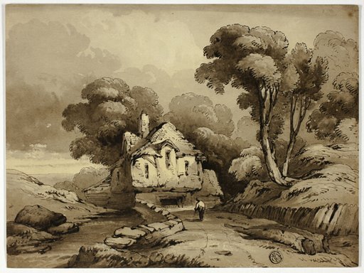 Cottage Beside Winding Road in Wooded Landscape