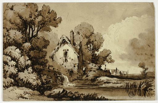 Watermill Beside Stream, with Clothes on Line