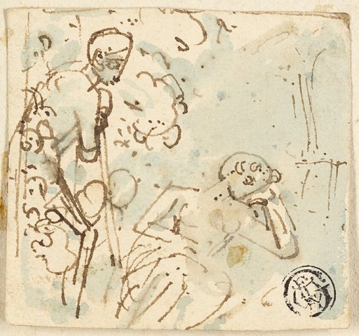 Sketch of Man Leaning on Staff, Looking at Sleeping Woman
