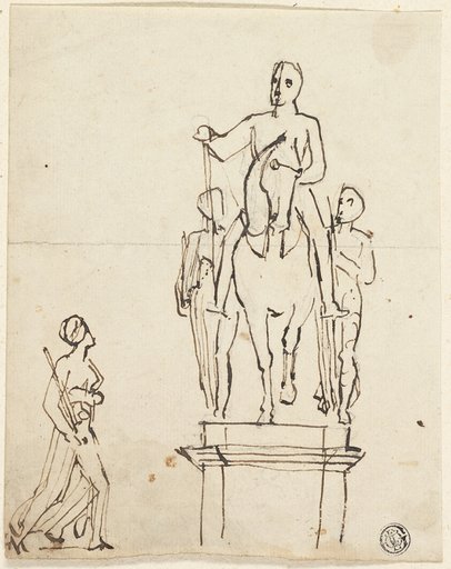 Sculpture of Horseman Accompanied by Two Standing Figures, with Sketch of One of Latter