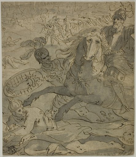 Battle Scene with Charging General on Horseback in Foreground, Artillery and Cannons in Background