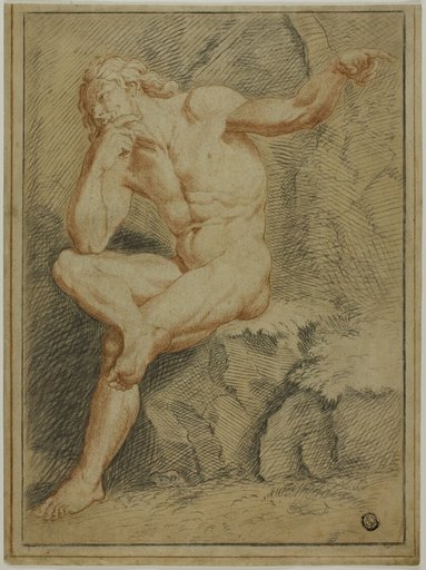 Seated Male Nude Pointing with Left Hand