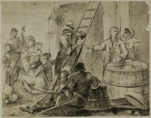 Rustic Scene:  Men, Women and Children Resting and Drinking Outside Building