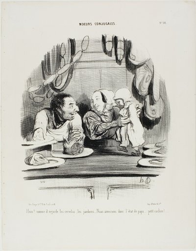 “Look! See how his eyes are on the saveloys and the ham.... it seems we like Papa's job?..... my little piglet!,” plate 51 from Moeurs Conjugales