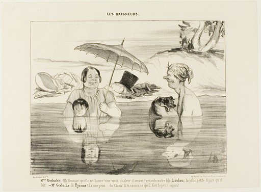 Madame Greluche: “Oh, Gustave, how good! A real soothing warmth! Look at our son Loulou; the cute face he makes!” Mr. Greluche: "And Pyramus, he is afraid, afraid like a dog. If you only knew what he is doing right now, the little rascal,” plate 4 from Les Baigneurs