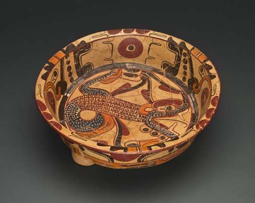 Tripod Polychrome Bowl Depicting a Serpent with Feathers