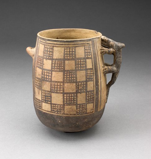 Jar with Textile-Like Pattern and Handle in Form of an Animal