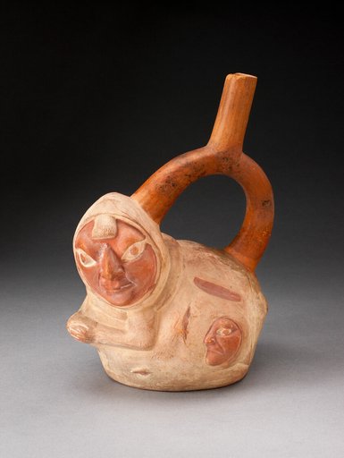 Handle Spout Vessel in the Form of a Crouching Figure with Human Heads Attached to Side