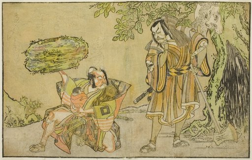 The Actors Matsumoto Koshiro II as Osada no Taro Kagemune Disguised as the Woodcutter Gankutsu no Gorozo (right), and Ichikawa Danzo III as I no Hayata Tadazumi (left), in the Play Nue no Mori Ichiyo no Mato, Performed at the Nakamura Theater in the Eleventh Month, 1770