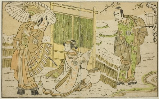 The Actors Arashi Sangoro II as Minamoto no Yoritomo (right), Segawa Kikunojo II as Yuki Onna (center), and Ichimura Uzaemon IX as Kajiwara Genta no Kagetoki, in the Play Myoto-giku Izu no Kisewata, Performed at the Ichimura Theater in the Eleventh Month, 1770