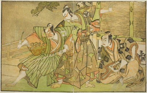 The Actors Ichikawa Komazo II as Minamoto no Yorimasa (right), Matsumoto Koshiro II as Osada no Taro Kagemune Disguised as Yatsurugi Zaemon (center), and Ichikawa Danzo III as I no Hayata Tadazumi (left), In the Play Nue no Mori Ichiyo no Mato, Performed at the Nakamura Theater in the Eleventh Month, 1770