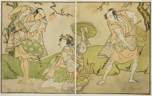The Actors Ichikawa Somegoro (right), Segawa Kikunojo II (center), and Bando Sampachi (left), in Unidentified Roles in the Play Myoto-giku Izu no Kisewata, Performed at the Ichimura Theater in the Eleventh Month, 1770